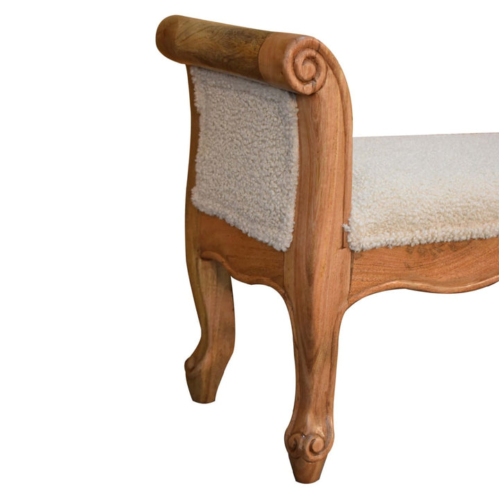 Cream Boucle French Style Bench - Solid Mango Wood Seating Furniture for Entryway - product view 7 showing handcrafted...