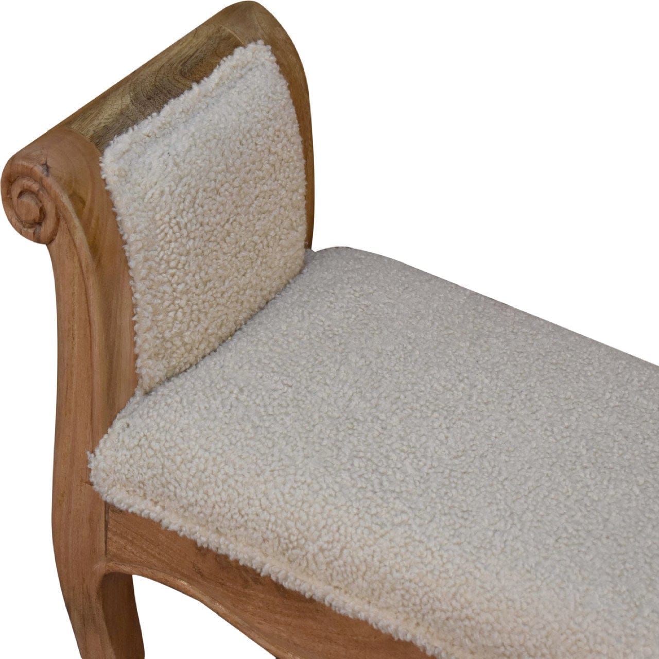 Cream Boucle French Style Bench - Solid Mango Wood Seating Furniture for Entryway - product view 6 showing handcrafted...