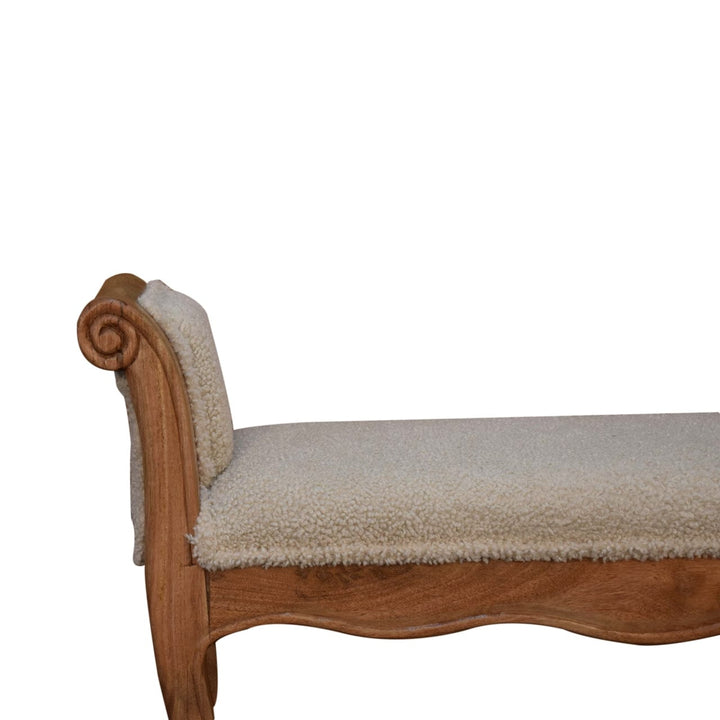 Cream Boucle French Style Bench - Solid Mango Wood Seating Furniture for Entryway - product view 5 showing handcrafted...