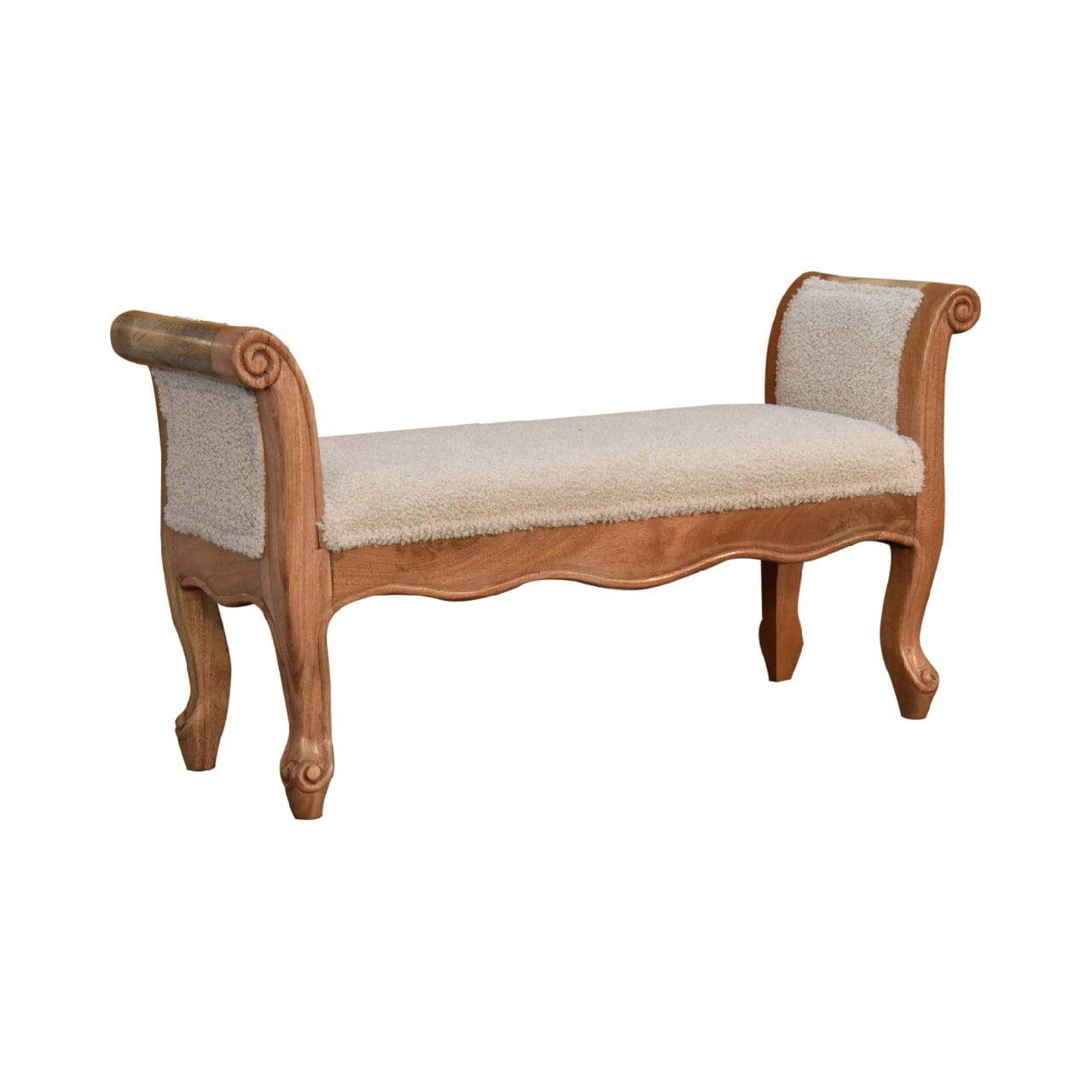 Cream Boucle French Style Bench - Solid Mango Wood Seating Furniture for Entryway - product view 4 showing handcrafted...