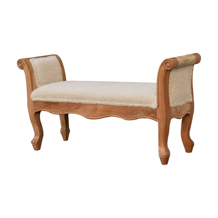 Cream Boucle French Style Bench - Solid Mango Wood Seating Furniture for Entryway - product view 3 showing handcrafted...
