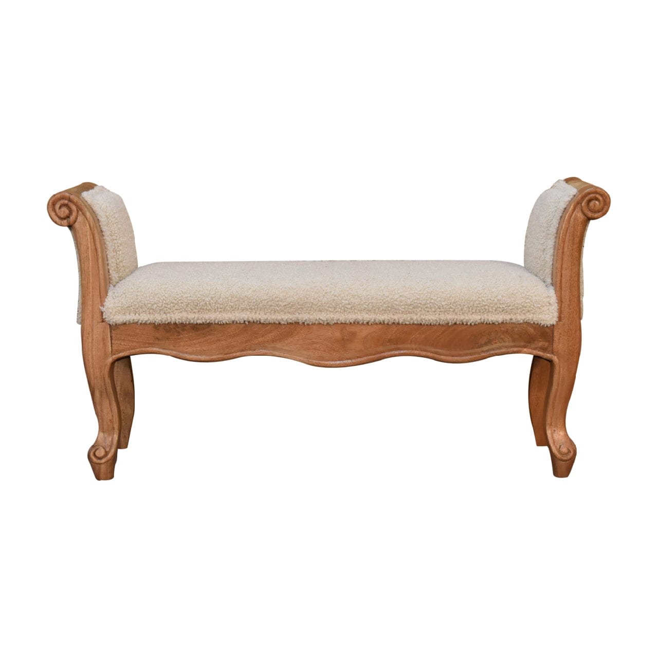 Cream Boucle French Style Bench - Solid Mango Wood Seating Furniture for Entryway - product view 2 showing handcrafted...