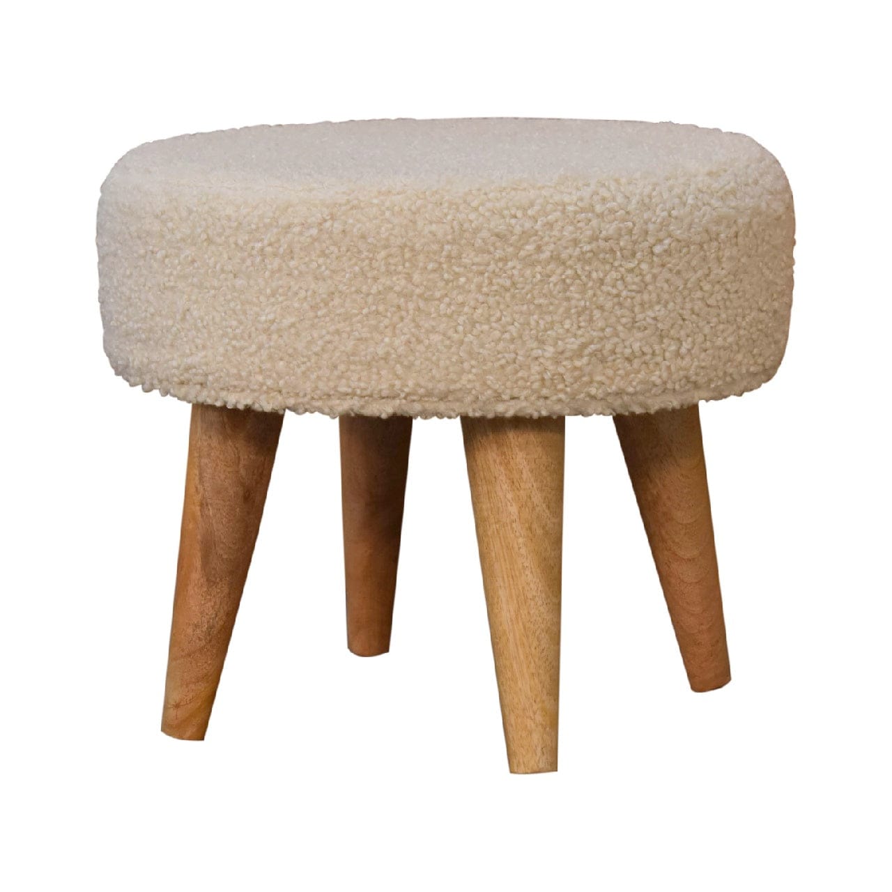 Cream Boucle Petite Footstool - Solid Mango Wood Accent Stool for Living Room - product view 4 showing handcrafted solid...