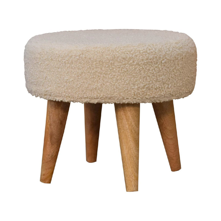 Cream Boucle Petite Footstool - Solid Mango Wood Accent Stool for Living Room - product view 4 showing handcrafted solid...