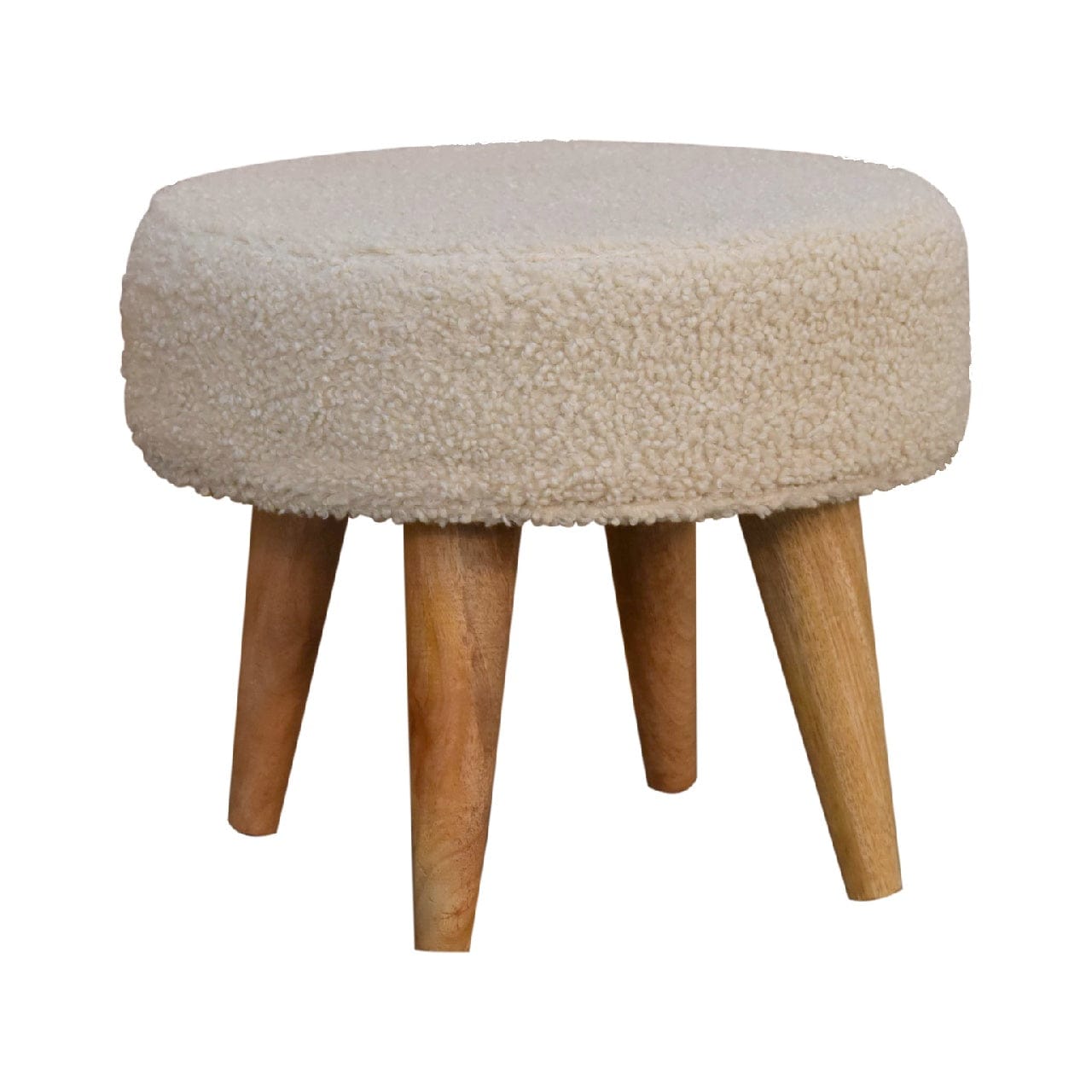 Cream Boucle Petite Footstool - Solid Mango Wood Accent Stool for Living Room - product view 3 showing handcrafted solid...