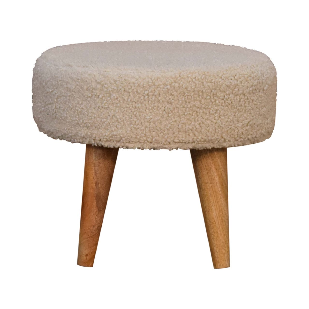 Cream Boucle Petite Footstool - Solid Mango Wood Accent Stool for Living Room - product view 2 showing handcrafted solid...