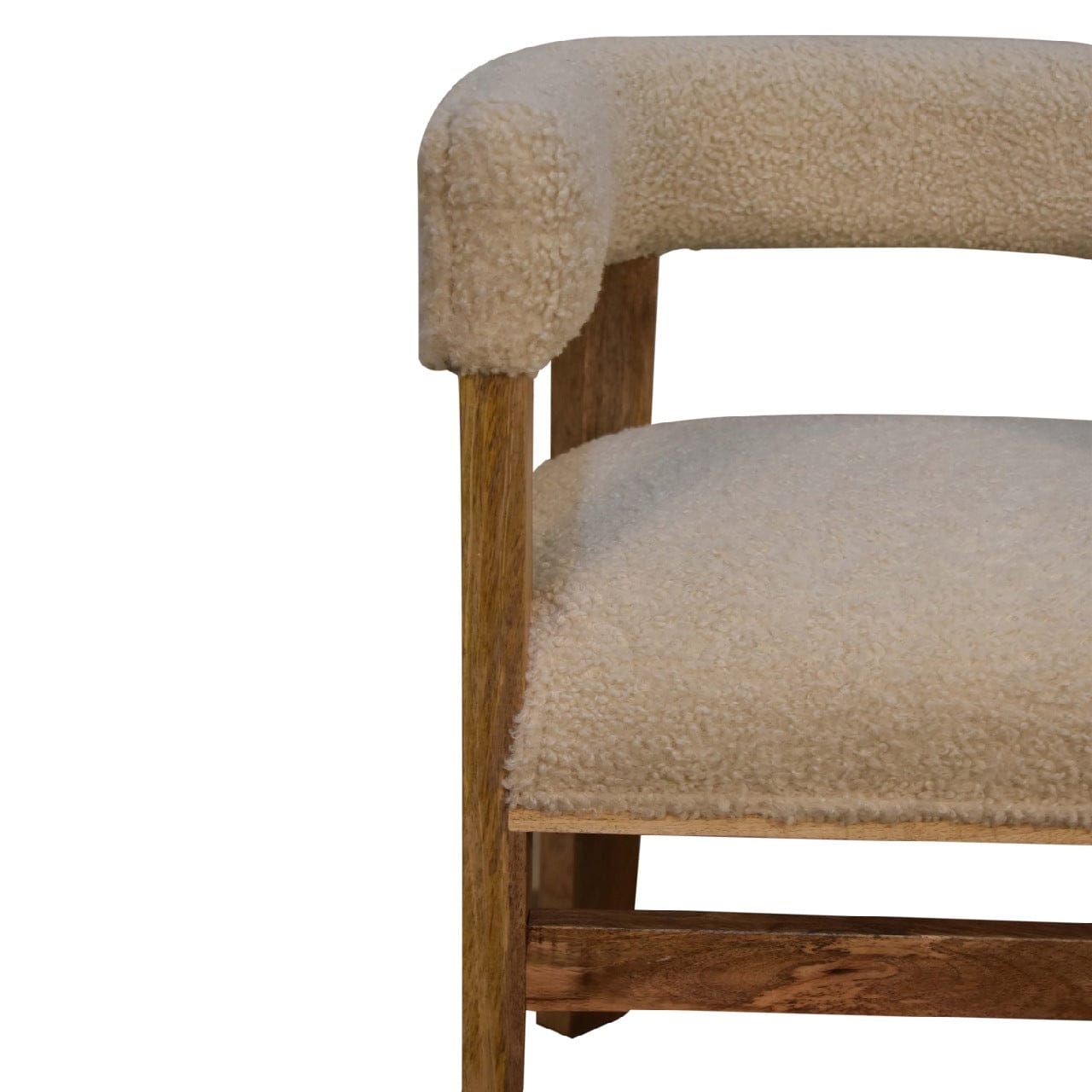 Cream Boucle Solid Wood Chair in Solid Mango Wood - product view 4 showing handcrafted solid mango wood chair