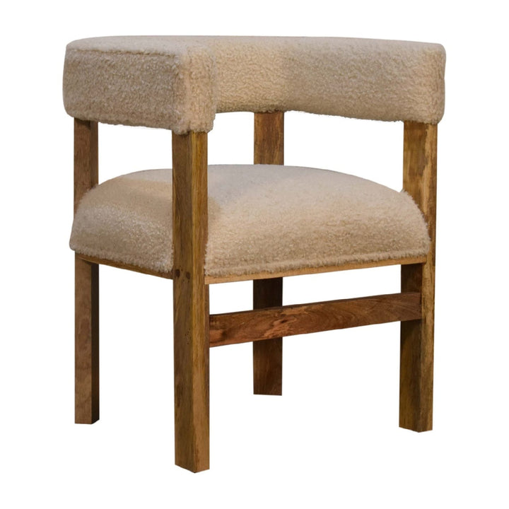 Cream Boucle Solid Wood Chair in Solid Mango Wood - product view 3 showing handcrafted solid mango wood chair