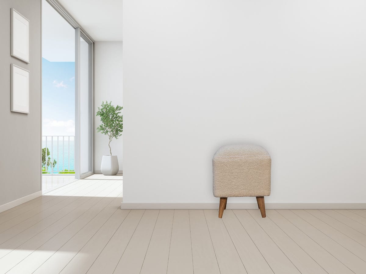 Cream Boucle Squoval Bench - Solid Mango Wood Seating Furniture for Entryway - product view 8 showing handcrafted solid...