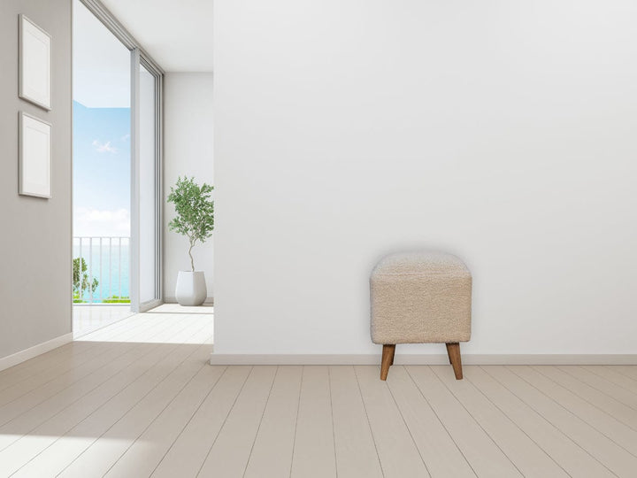 Cream Boucle Squoval Bench - Solid Mango Wood Seating Furniture for Entryway - product view 8 showing handcrafted solid...