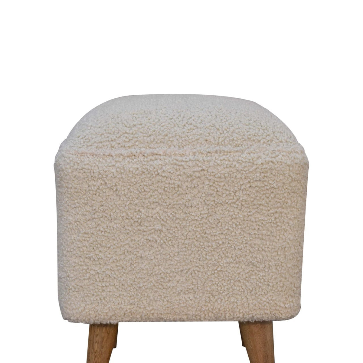 Cream Boucle Squoval Bench - Solid Mango Wood Seating Furniture for Entryway - product view 4 showing handcrafted solid...