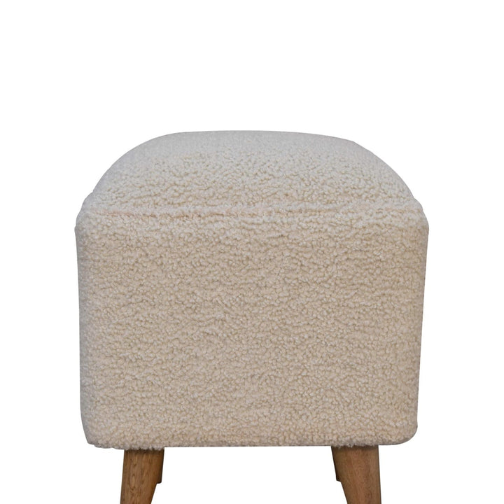 Cream Boucle Squoval Bench - Solid Mango Wood Seating Furniture for Entryway - product view 4 showing handcrafted solid...