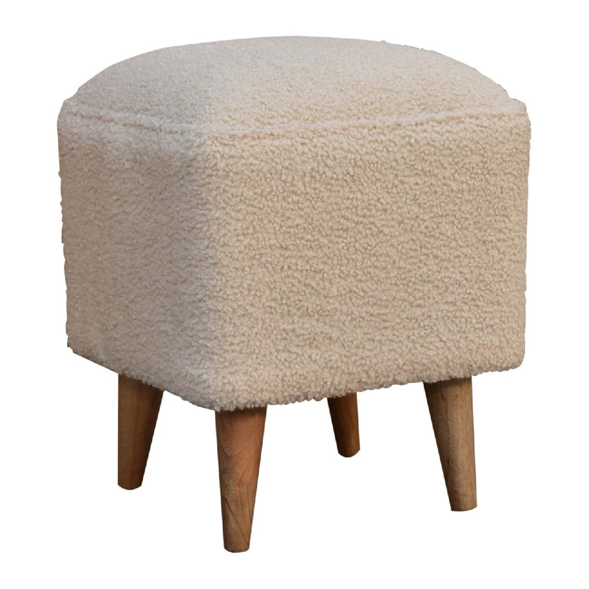 Cream Boucle Squoval Bench - Solid Mango Wood Seating Furniture for Entryway - product view 3 showing handcrafted solid...