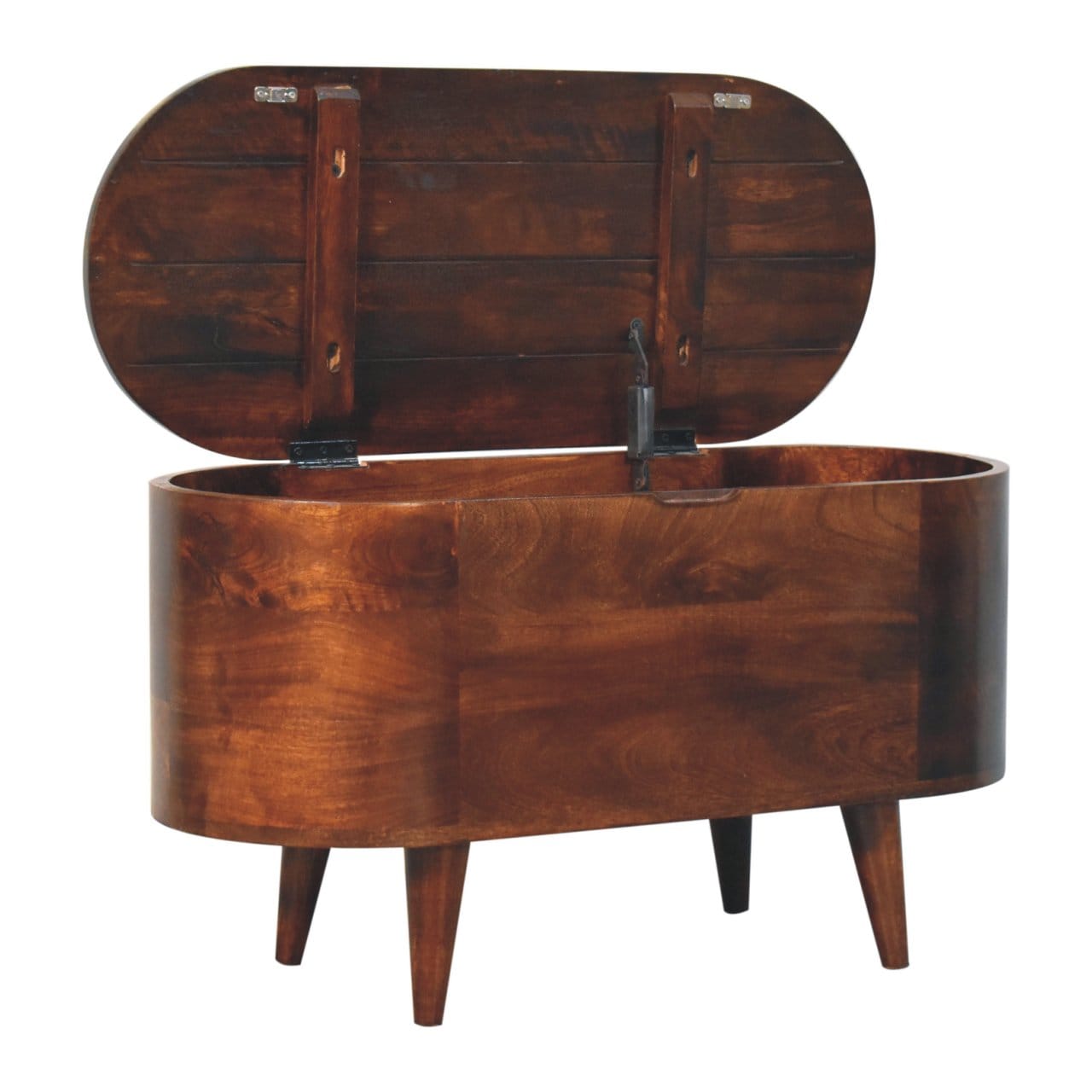 Curved California Walnut Blanket Box - Solid Mango Wood Storage Trunk for Bedroom - product view 6 showing handcrafted...