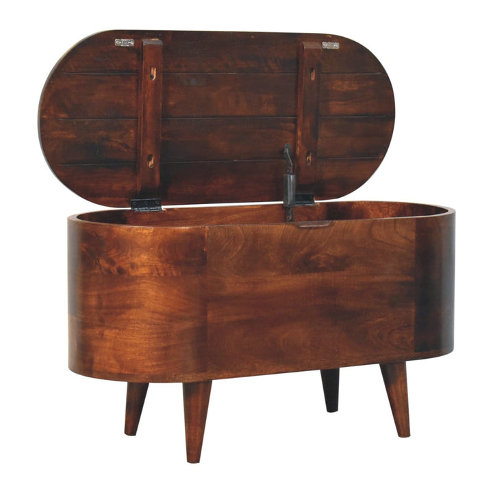 Curved California Walnut Blanket Box - Solid Mango Wood Storage Trunk for Bedroom - product view 6 showing handcrafted...