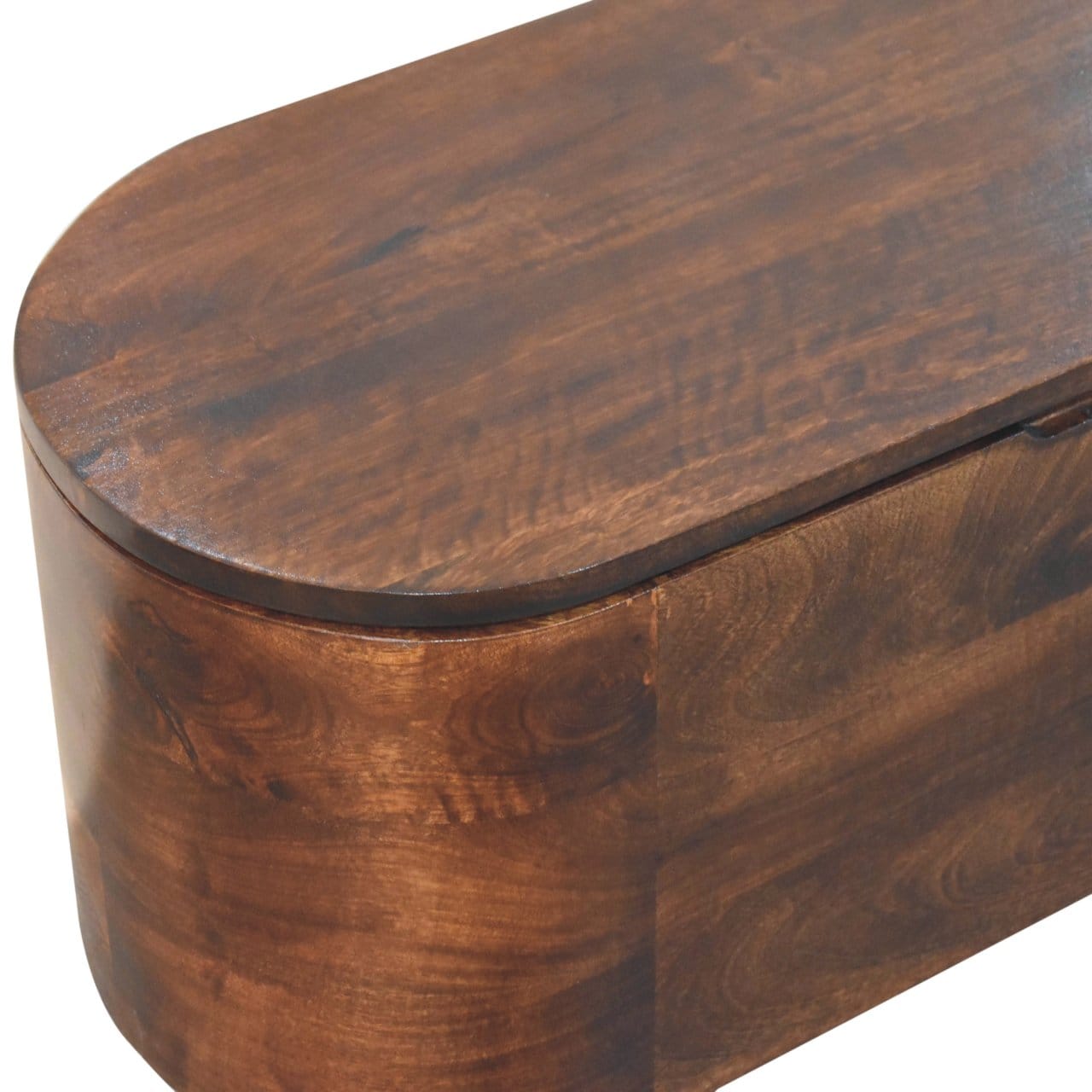 Curved California Walnut Blanket Box - Solid Mango Wood Storage Trunk for Bedroom - product view 5 showing handcrafted...