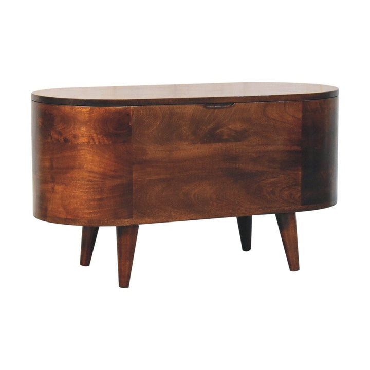 Curved California Walnut Blanket Box - Solid Mango Wood Storage Trunk for Bedroom - product view 3 showing handcrafted...