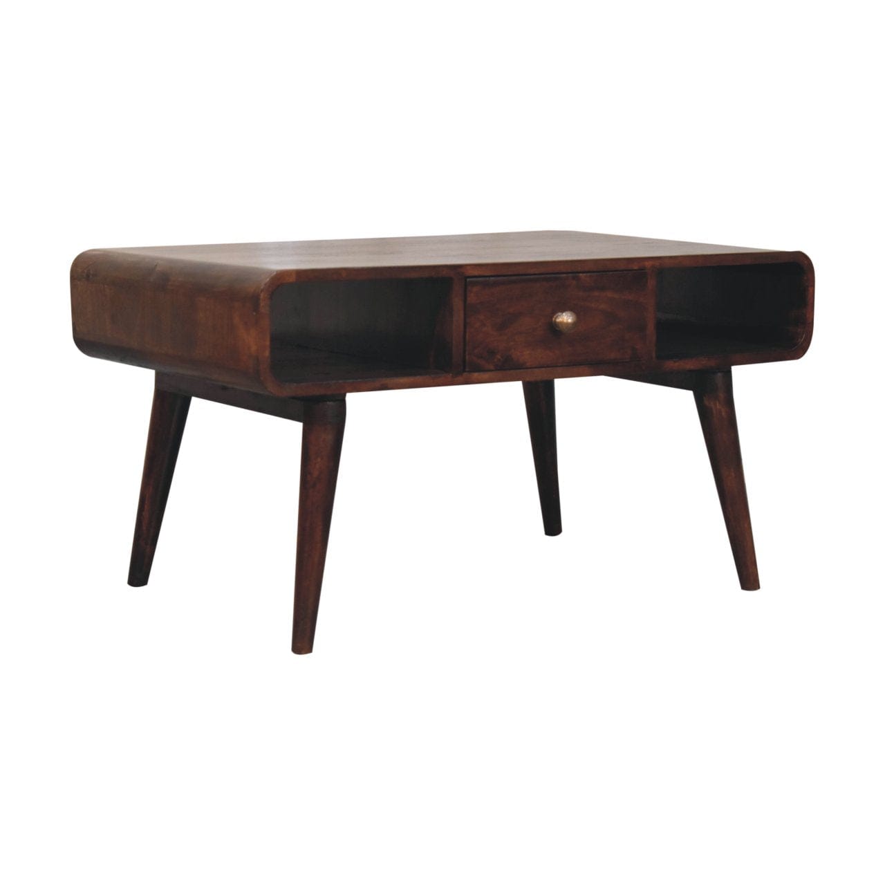 Curved California Walnut Coffee Table - Solid Mango Wood Center Table for Living Room - product view 3 showing...