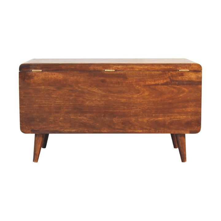 Curved Chestnut Blanket Box - Solid Mango Wood Storage Trunk for Bedroom - product view 9 showing handcrafted solid mango...