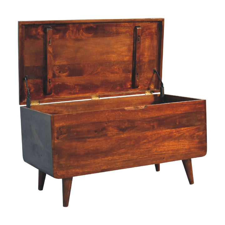 Curved Chestnut Blanket Box - Solid Mango Wood Storage Trunk for Bedroom - product view 6 showing handcrafted solid mango...
