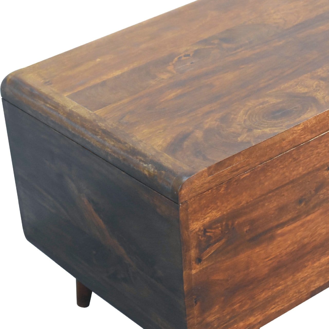 Curved Chestnut Blanket Box - Solid Mango Wood Storage Trunk for Bedroom - product view 5 showing handcrafted solid mango...