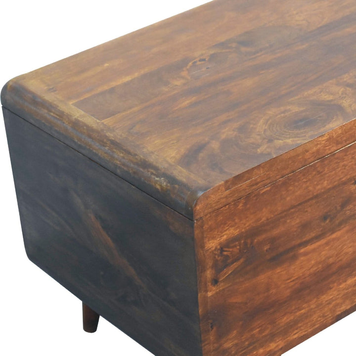 Curved Chestnut Blanket Box - Solid Mango Wood Storage Trunk for Bedroom - product view 5 showing handcrafted solid mango...