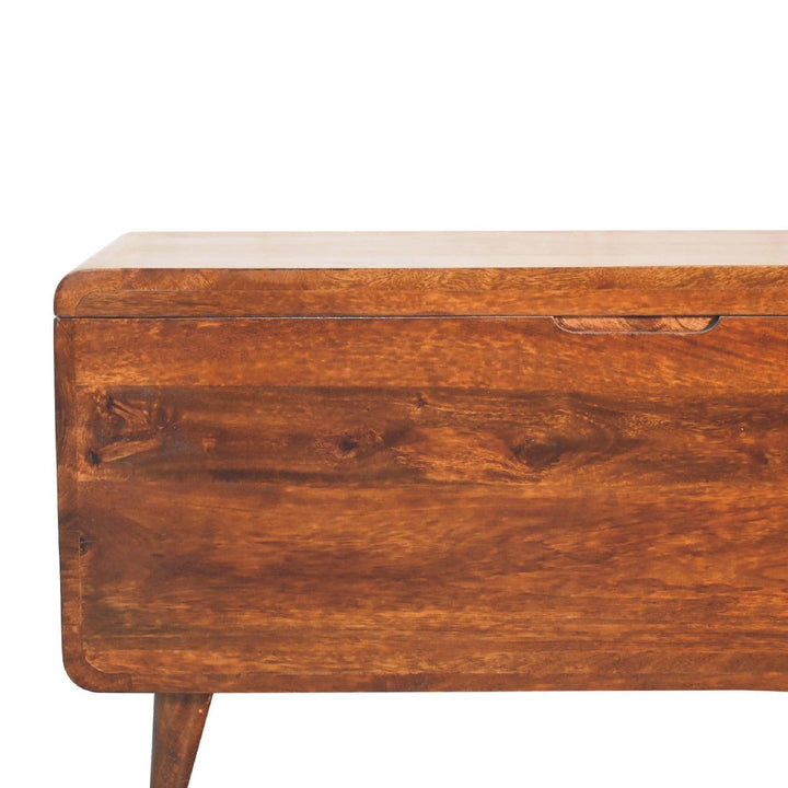 Curved Chestnut Blanket Box - Solid Mango Wood Storage Trunk for Bedroom - product view 4 showing handcrafted solid mango...