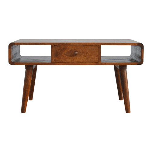 Curved Chestnut Coffee Table - Solid Mango Wood Center Table for Living Room - product view 7 showing handcrafted solid...