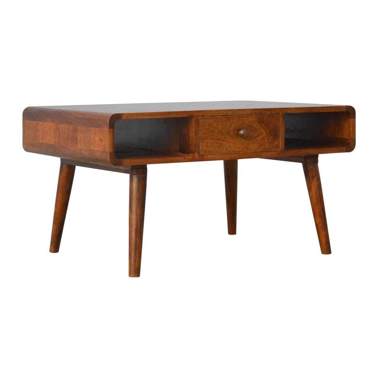 Curved Chestnut Coffee Table - Solid Mango Wood Center Table for Living Room - product view 2 showing handcrafted solid...