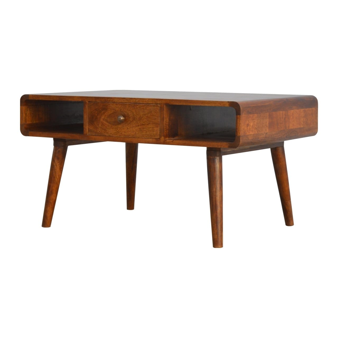Curved Chestnut Coffee Table - Solid Mango Wood Center Table for Living Room - main view showing handcrafted solid mango...