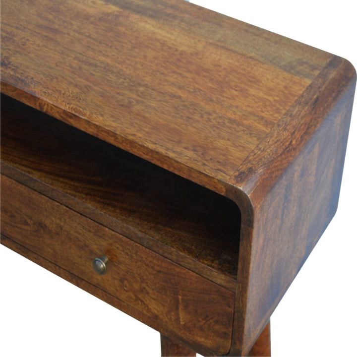 Curved Chestnut Console Table - Solid Mango Wood Hallway Console for Entryway - product view 5 showing handcrafted solid...