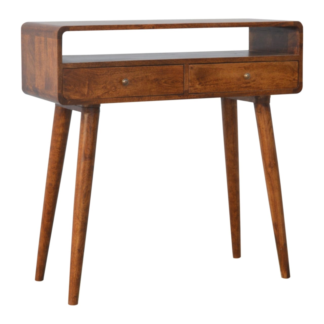 Curved Chestnut Console Table - Solid Mango Wood Hallway Console for Entryway - product view 4 showing handcrafted solid...