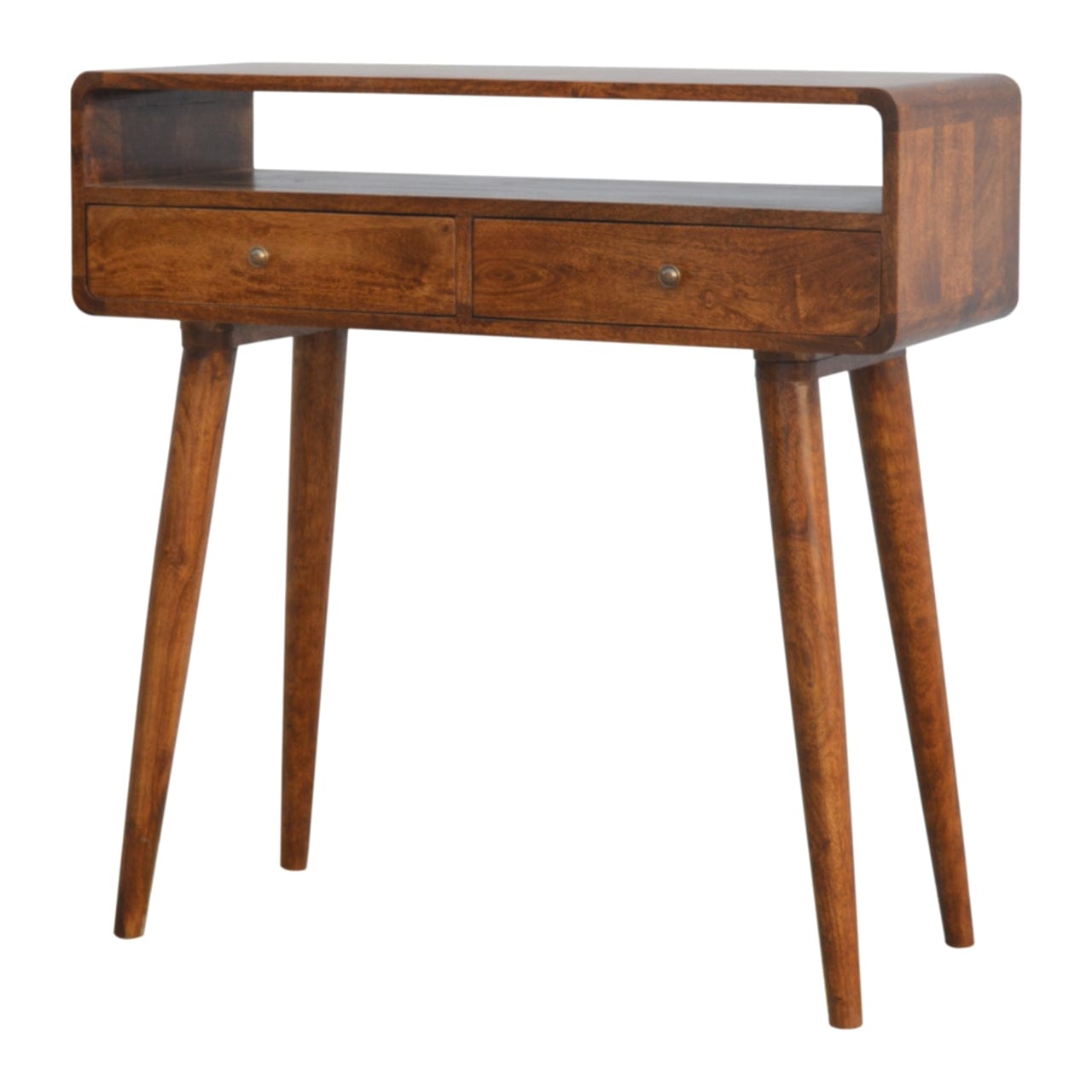 Curved Chestnut Console Table - Solid Mango Wood Hallway Console for Entryway - product view 3 showing handcrafted solid...