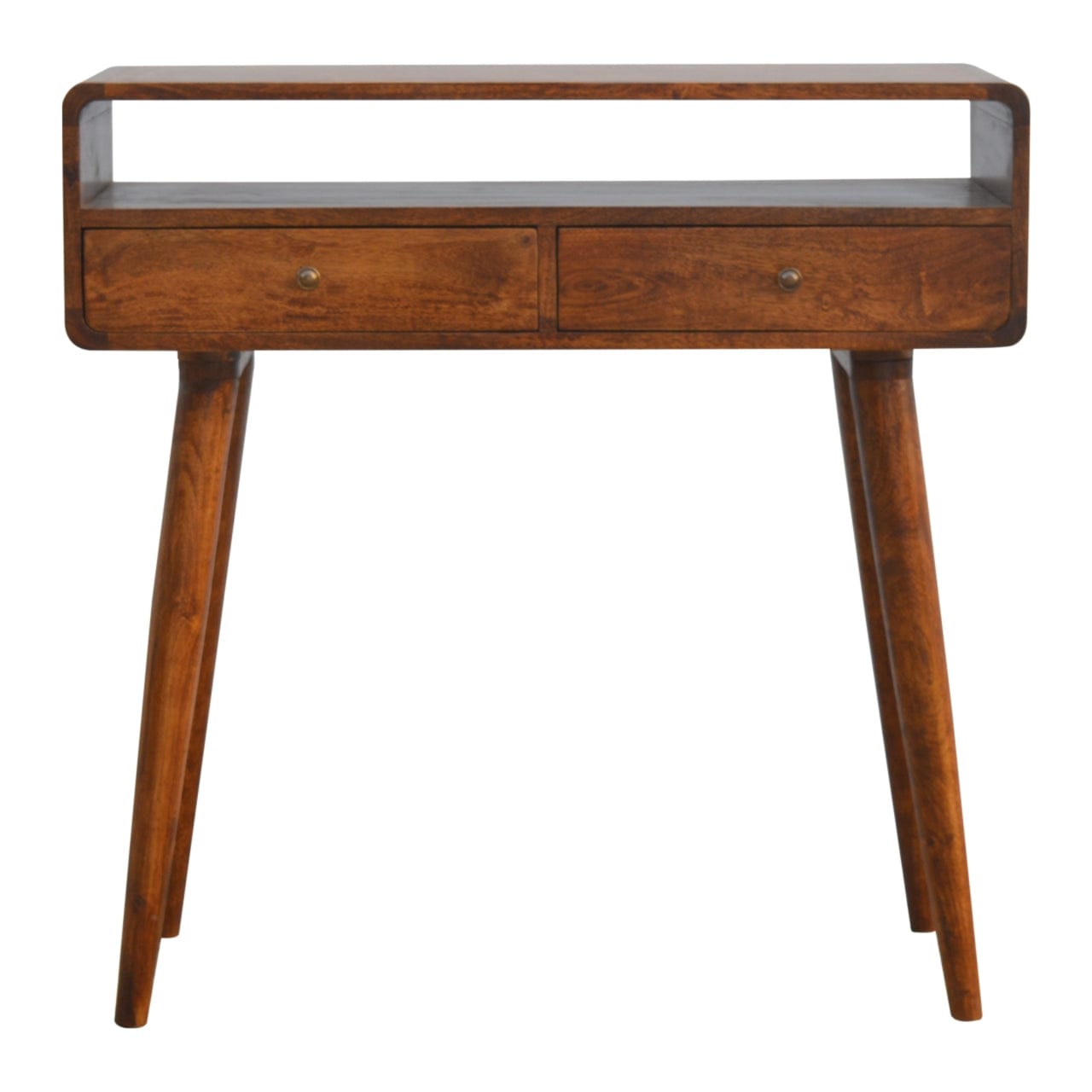 Curved Chestnut Console Table - Solid Mango Wood Hallway Console for Entryway - product view 2 showing handcrafted solid...