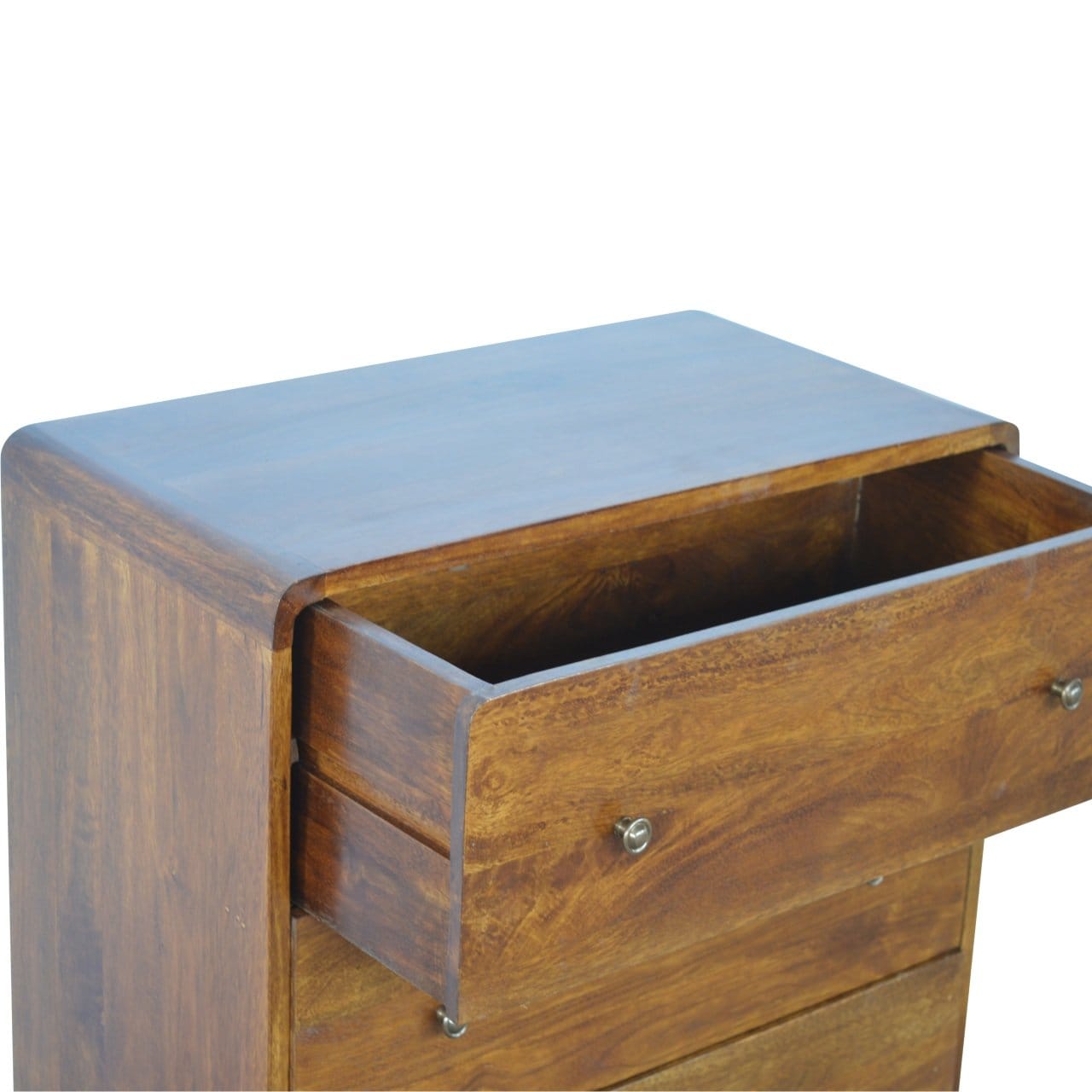 Curved Chestnut Dresser - Solid Mango Wood Storage Chest for Bedroom - product view 5 showing handcrafted solid mango...