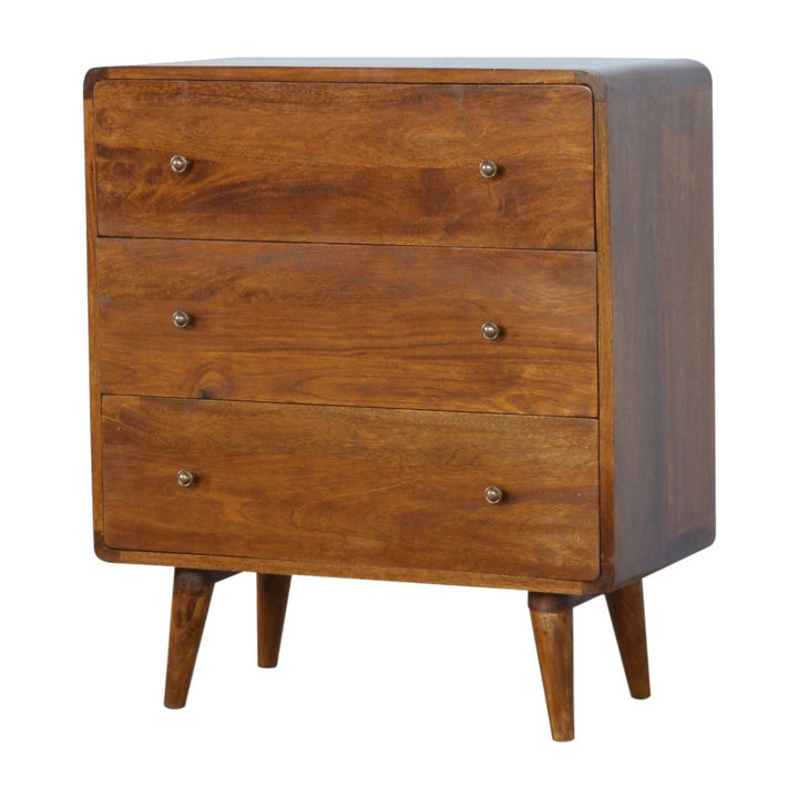 Curved Chestnut Dresser - Solid Mango Wood Storage Chest for Bedroom - product view 3 showing handcrafted solid mango...
