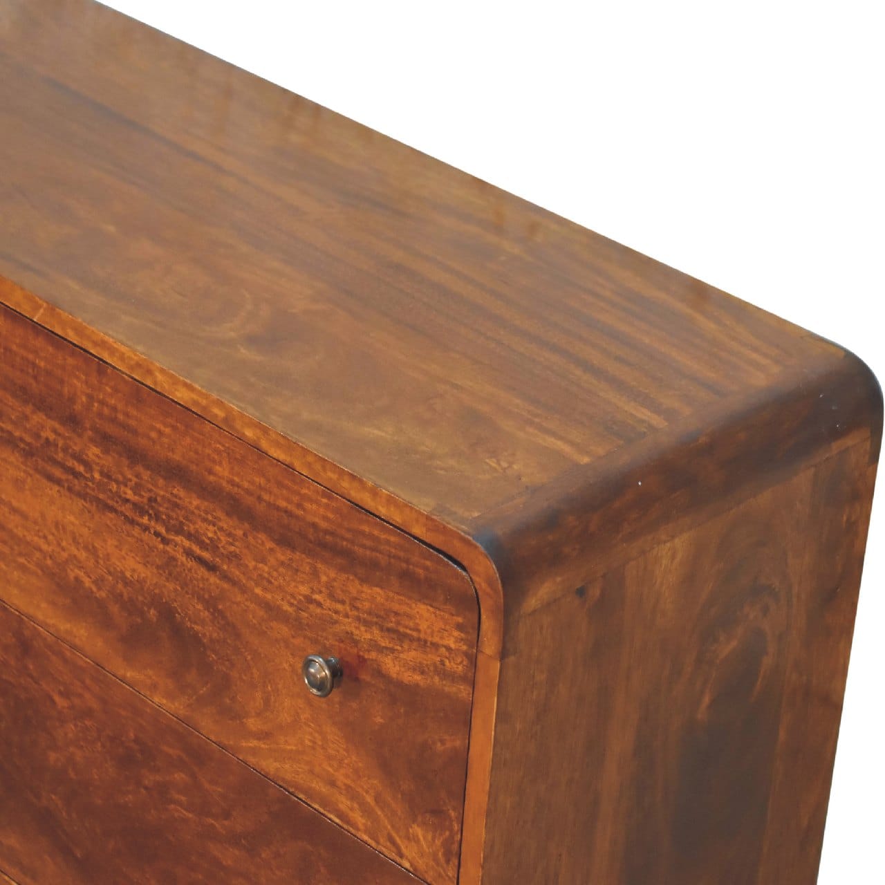 Curved Chestnut Dresser - Solid Mango Wood Storage Chest for Bedroom - product view 7 showing handcrafted solid mango...