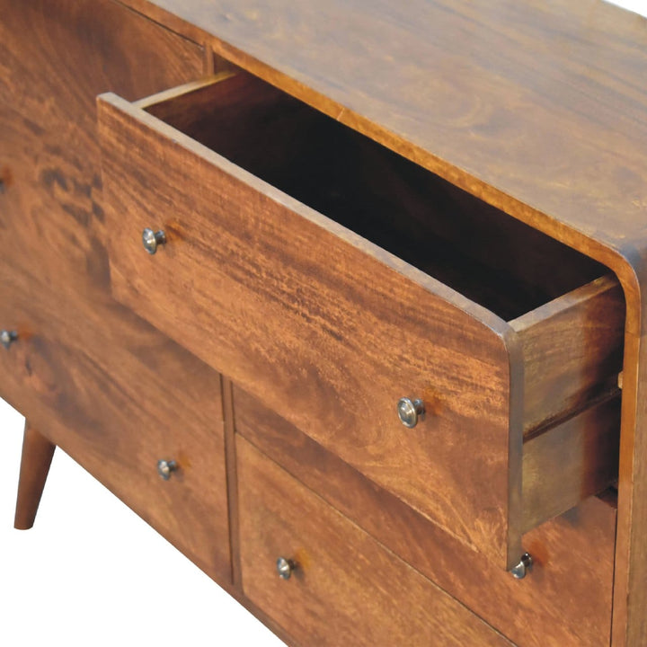 Curved Chestnut Dresser - Solid Mango Wood Storage Chest for Bedroom - product view 6 showing handcrafted solid mango...