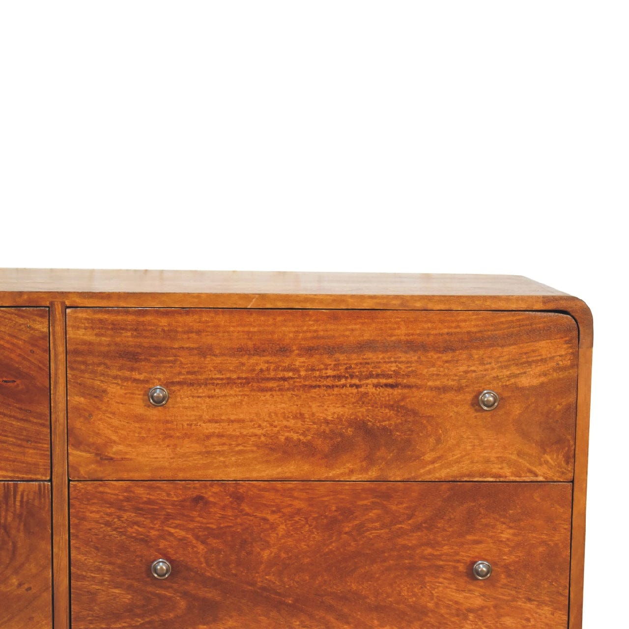 Curved Chestnut Dresser - Solid Mango Wood Storage Chest for Bedroom - product view 5 showing handcrafted solid mango...