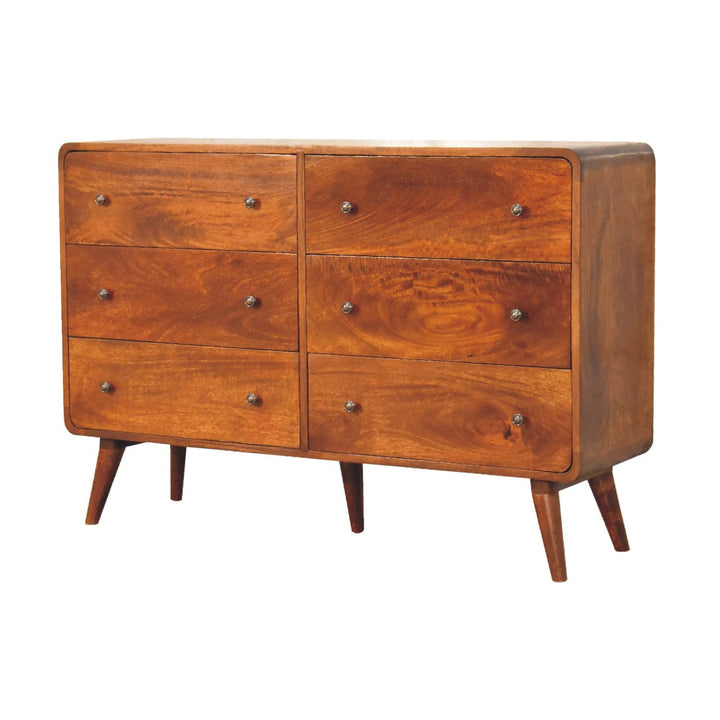 Curved Chestnut Dresser - Solid Mango Wood Storage Chest for Bedroom - product view 4 showing handcrafted solid mango...