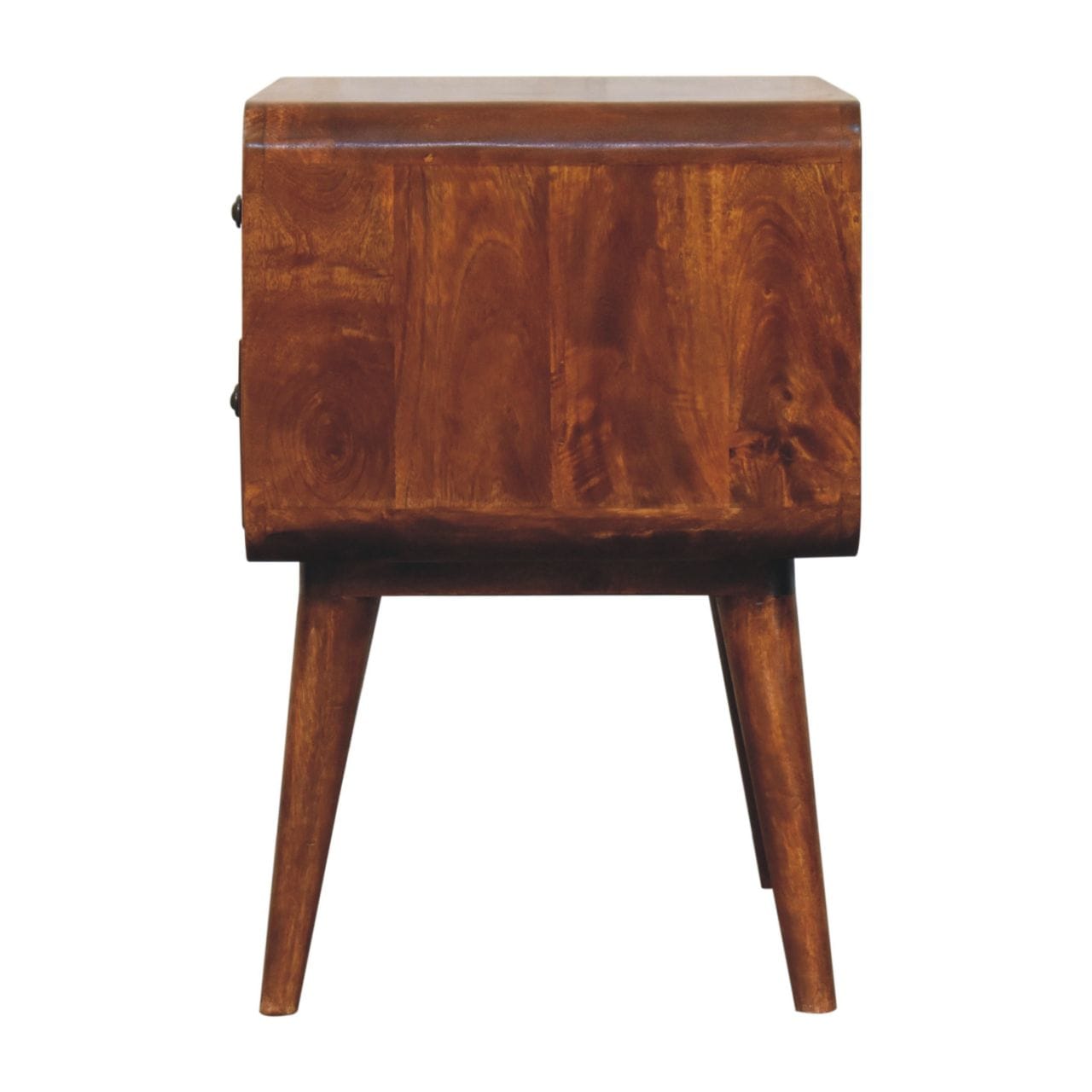 Curved Chestnut Nightstand - Solid Mango Wood Bedside Table for Bedroom - product view 9 showing handcrafted solid mango...