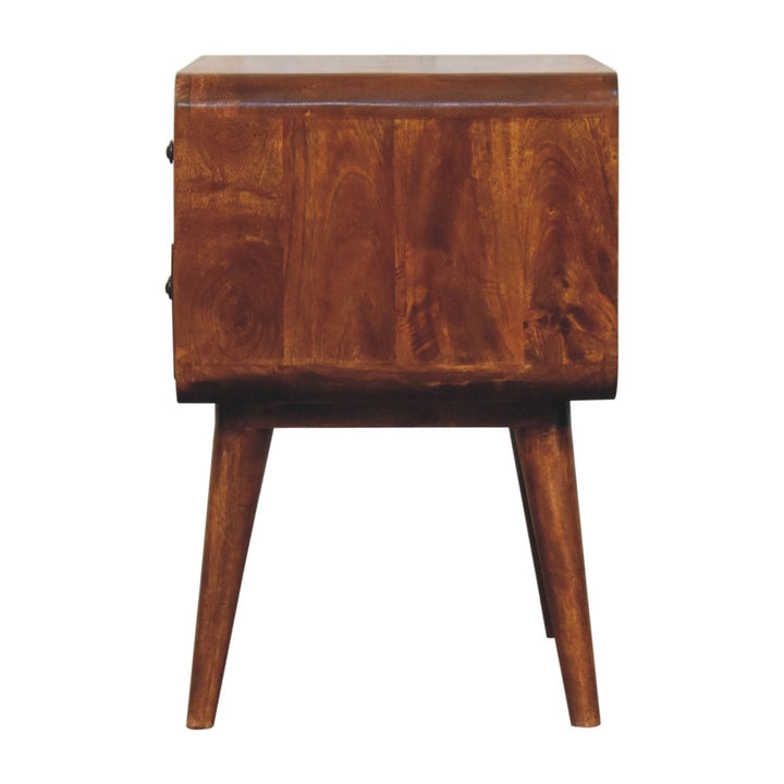 Curved Chestnut Nightstand - Solid Mango Wood Bedside Table for Bedroom - product view 9 showing handcrafted solid mango...