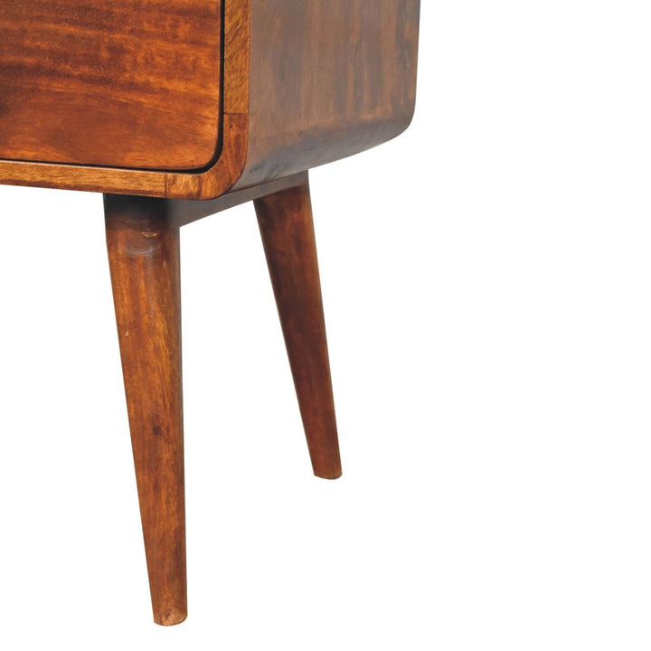 Curved Chestnut Nightstand - Solid Mango Wood Bedside Table for Bedroom - product view 8 showing handcrafted solid mango...