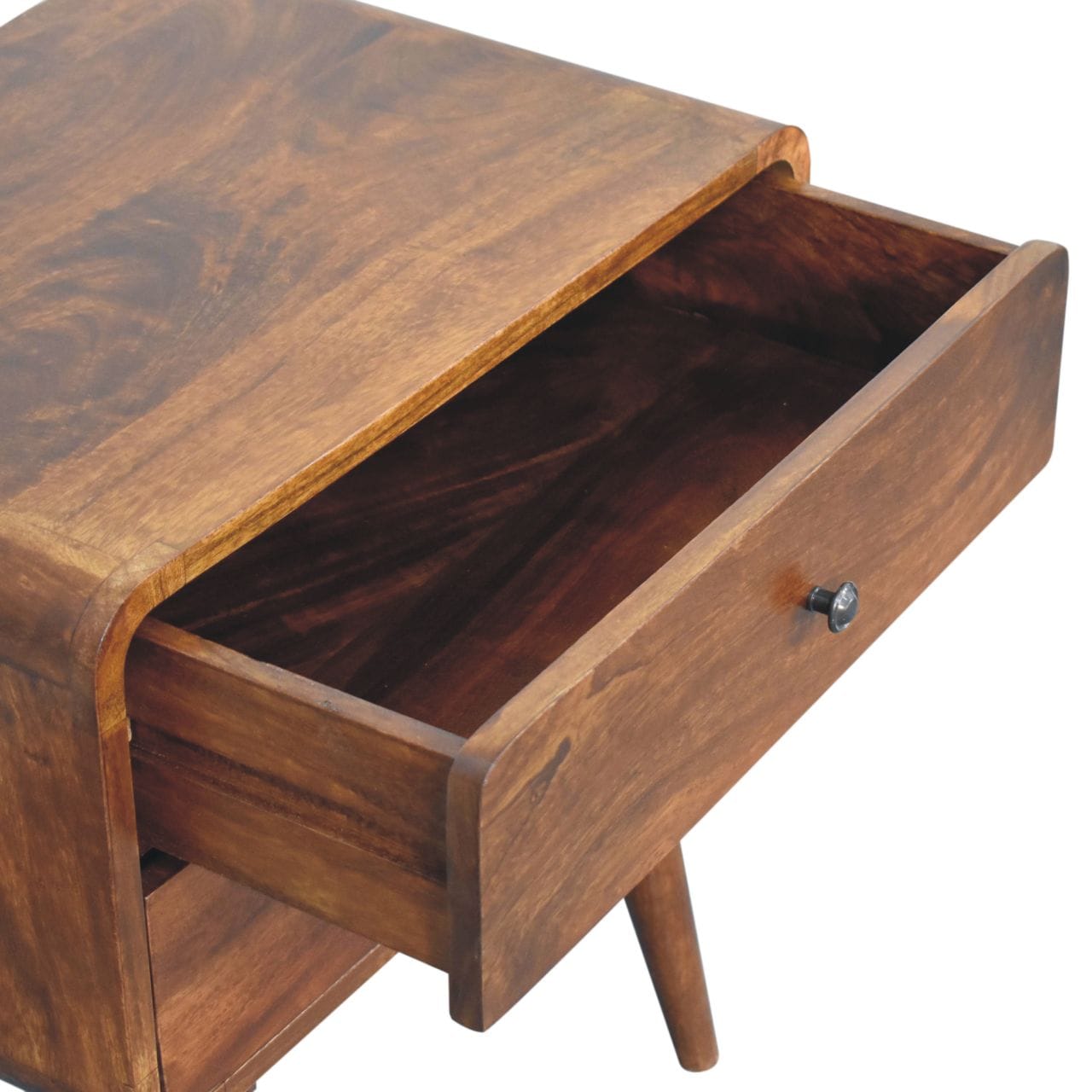Curved Chestnut Nightstand - Solid Mango Wood Bedside Table for Bedroom - product view 7 showing handcrafted solid mango...