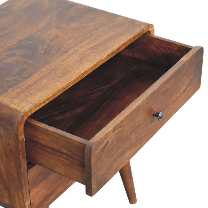 Curved Chestnut Nightstand - Solid Mango Wood Bedside Table for Bedroom - product view 7 showing handcrafted solid mango...