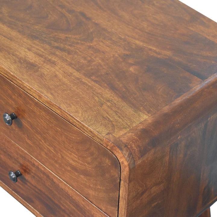 Curved Chestnut Nightstand - Solid Mango Wood Bedside Table for Bedroom - product view 6 showing handcrafted solid mango...