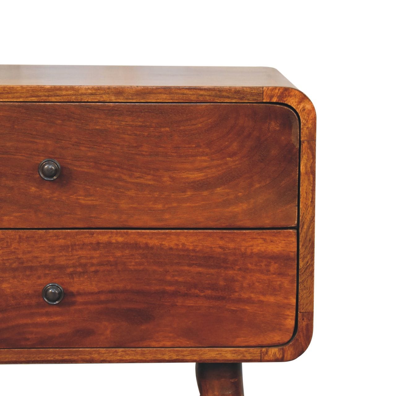 Curved Chestnut Nightstand - Solid Mango Wood Bedside Table for Bedroom - product view 5 showing handcrafted solid mango...