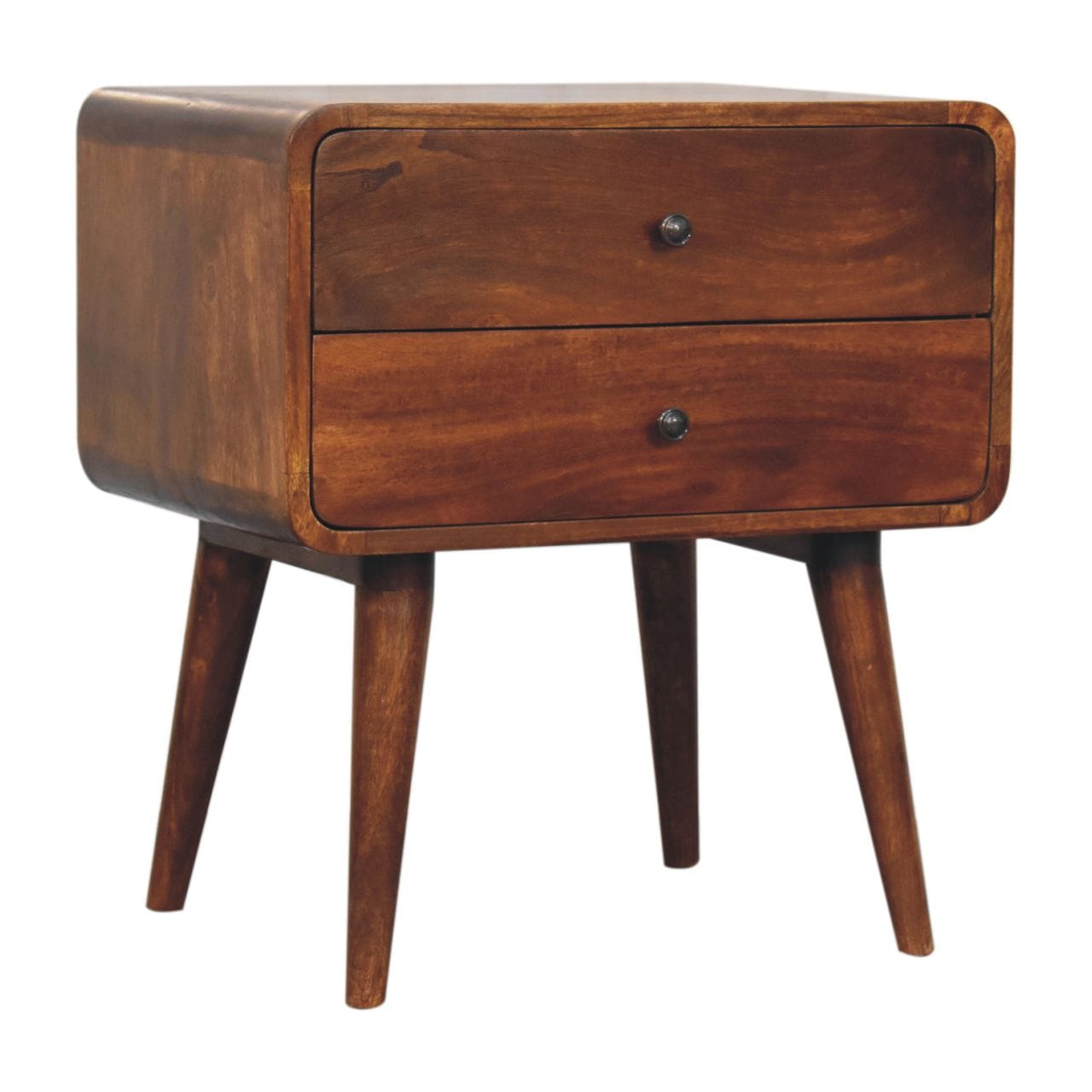 Curved Chestnut Nightstand - Solid Mango Wood Bedside Table for Bedroom - product view 4 showing handcrafted solid mango...