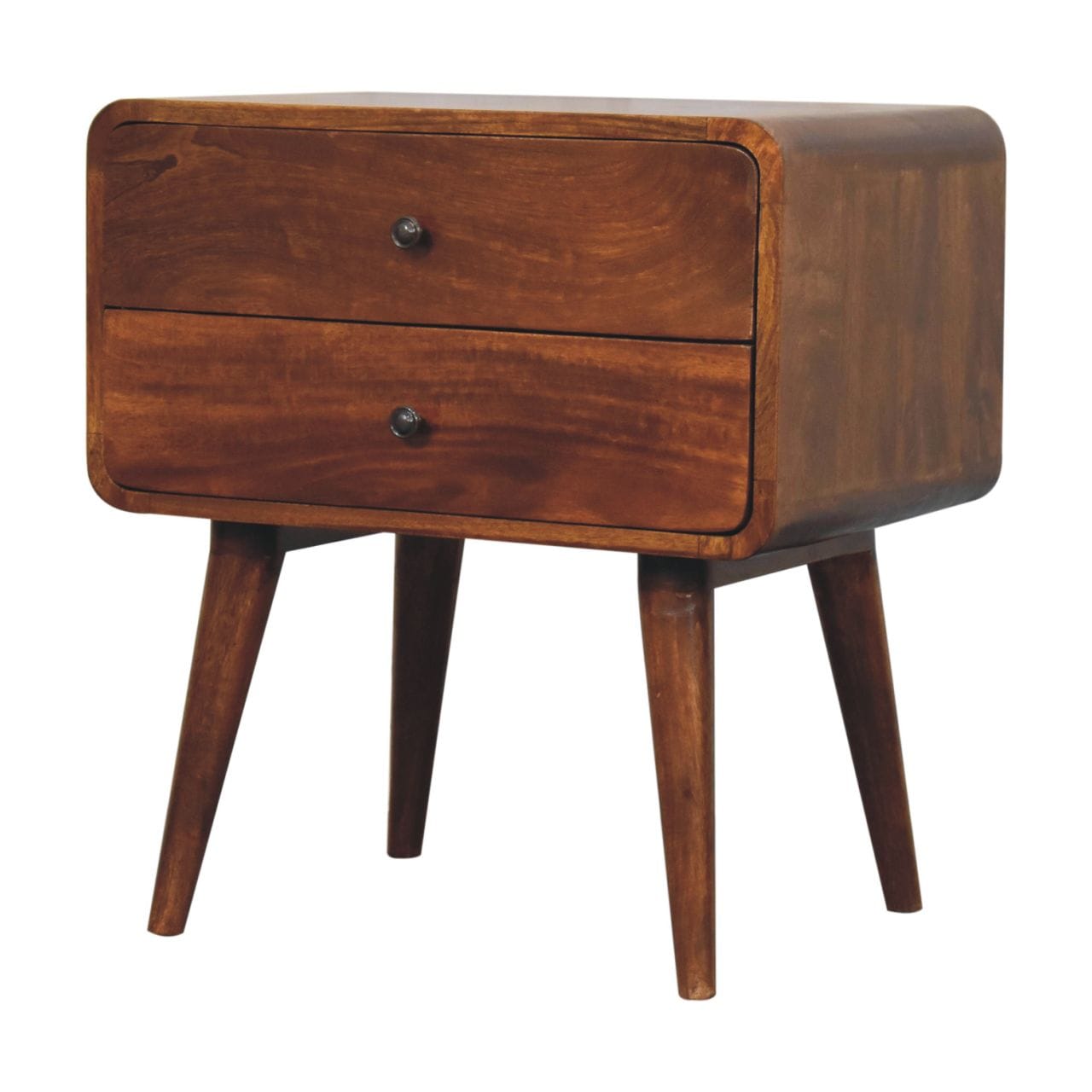 Curved Chestnut Nightstand - Solid Mango Wood Bedside Table for Bedroom - product view 3 showing handcrafted solid mango...