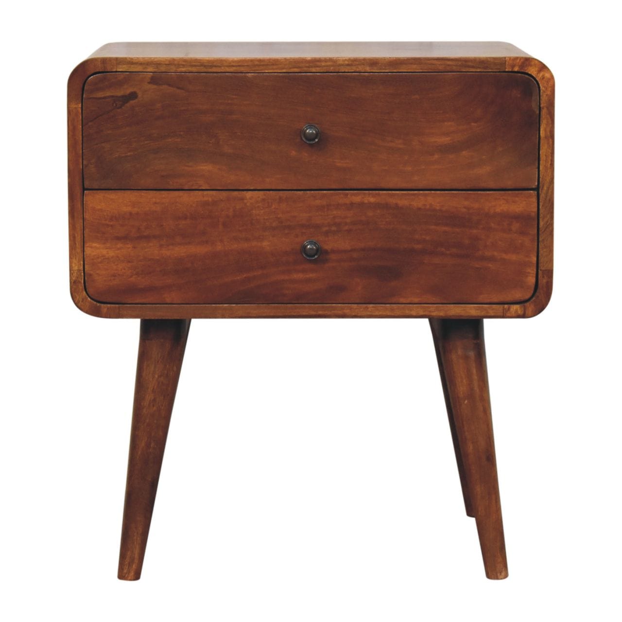 Curved Chestnut Nightstand - Solid Mango Wood Bedside Table for Bedroom - product view 2 showing handcrafted solid mango...